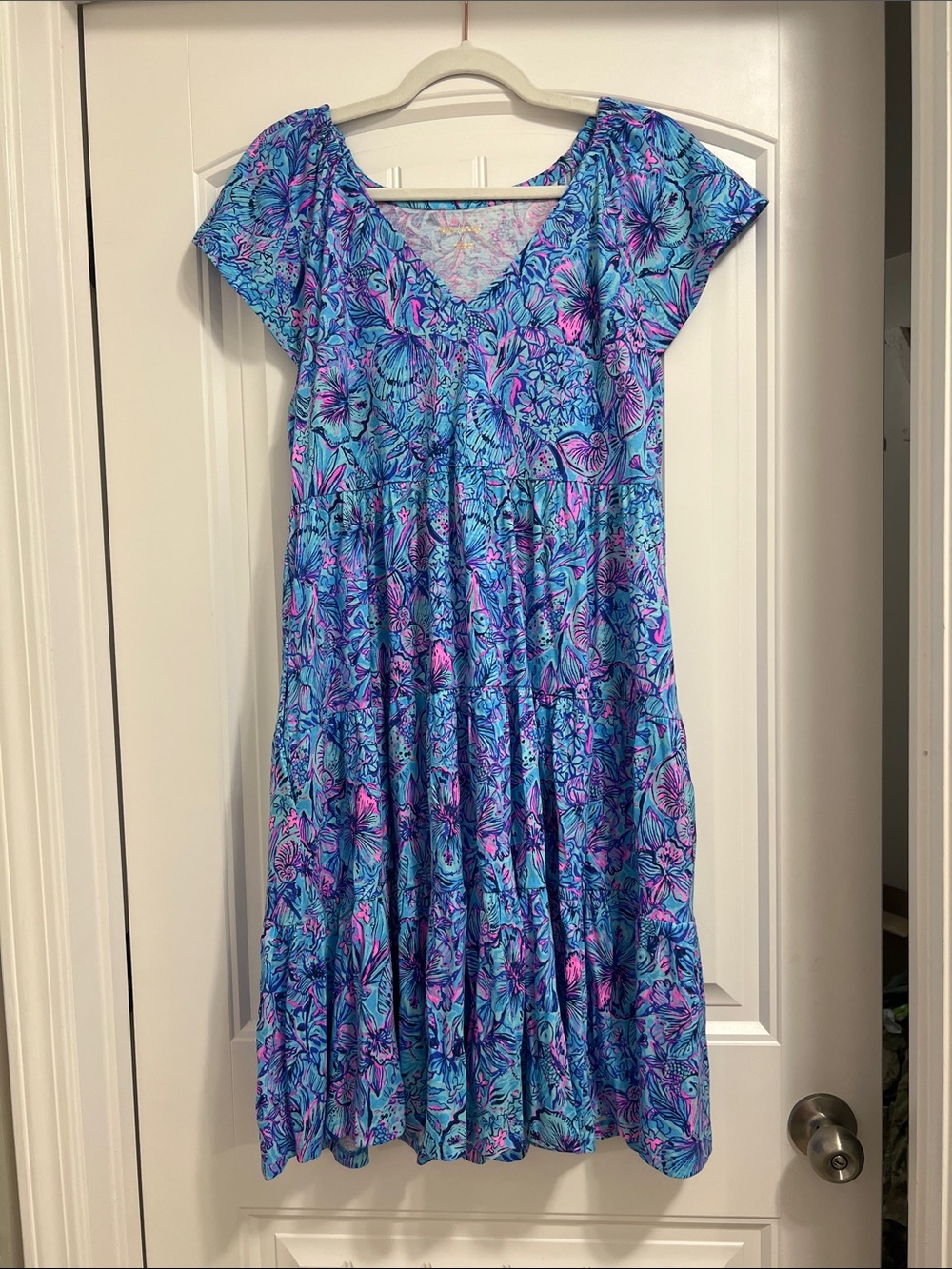 Lilly Pulitzer Blue & Pink Floral V-Neck Tiered Midi Dress